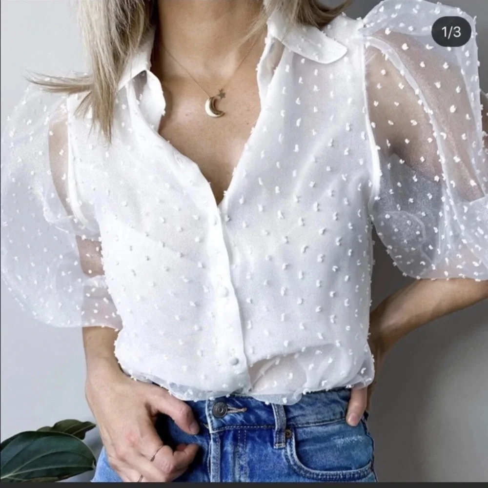 Zara White Swiss Dot Sheer Puff Sleeve Organza Button Up Blouse, Sz S